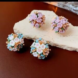 Pink Rhinestone Ceramic Flower Ball Luxury Stud Earrings